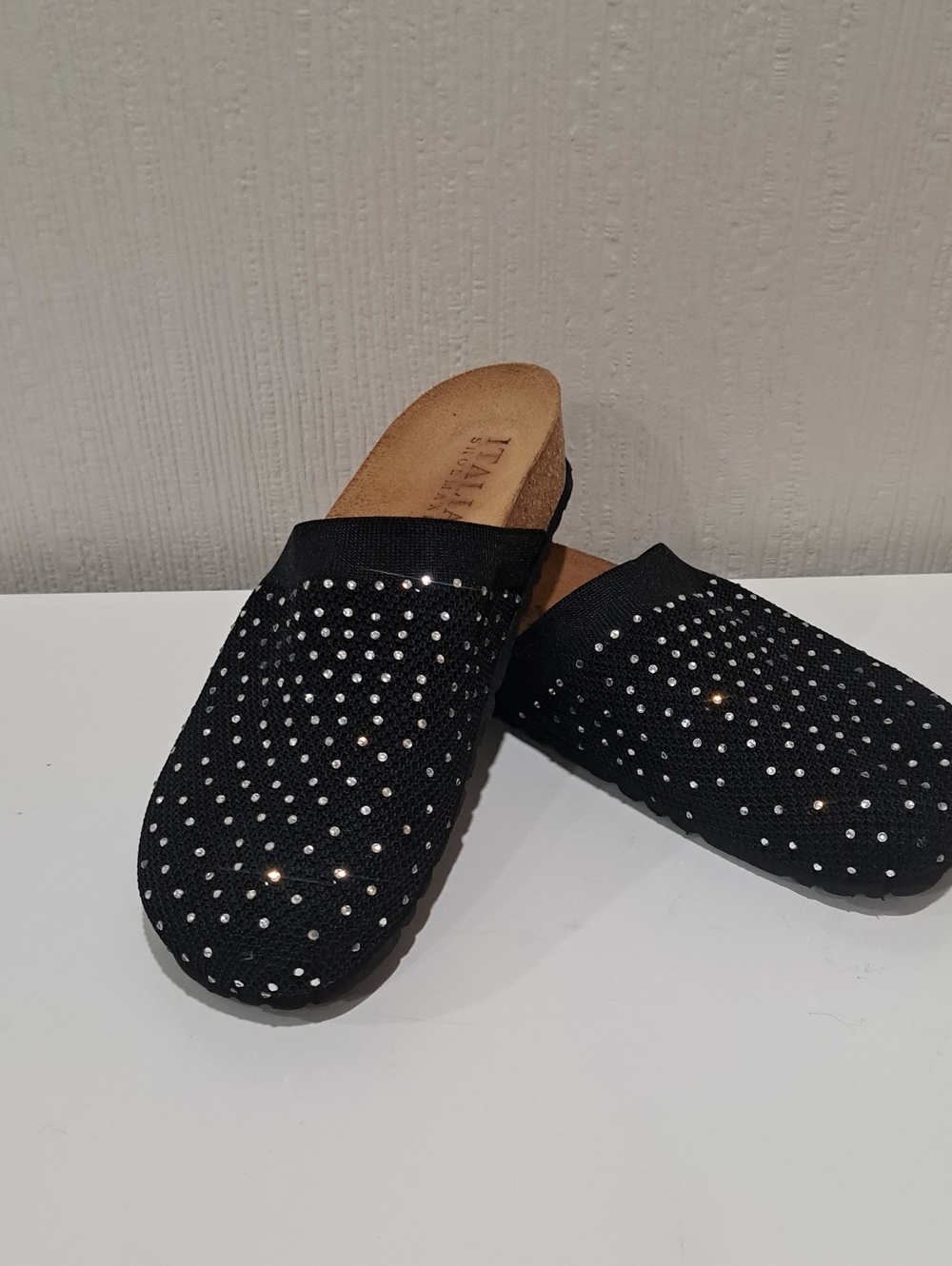 Italian Shoemakers Black Crystal-Embellished Slip-On Mules